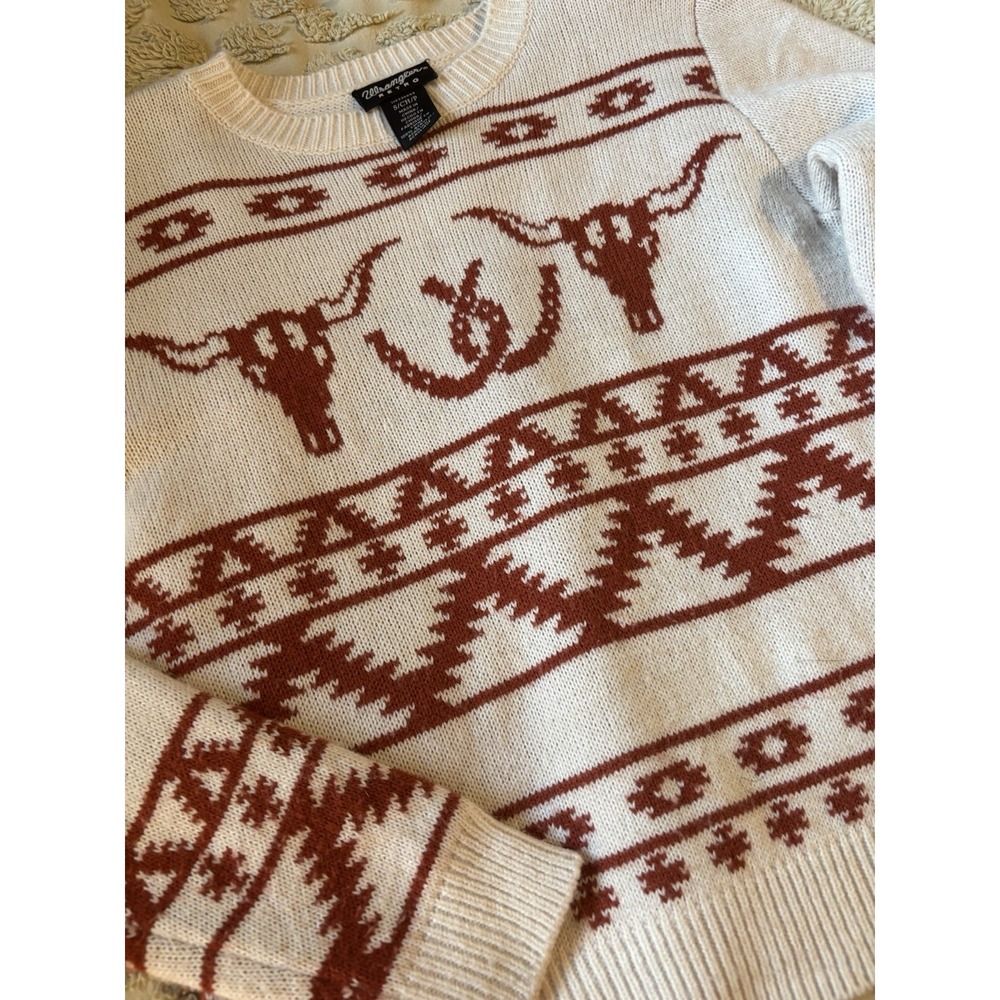 Wrangler Retro Women's SMALL Steer Head western Sweater ivory and burnt orange - Picture 2 of 6